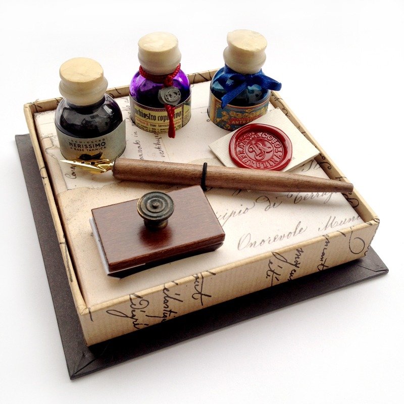 261/3 意大利古典墨水3入+压墨器沾水笔礼盒 Francesco Rubinato - 蘸水笔 - 木头 卡其色