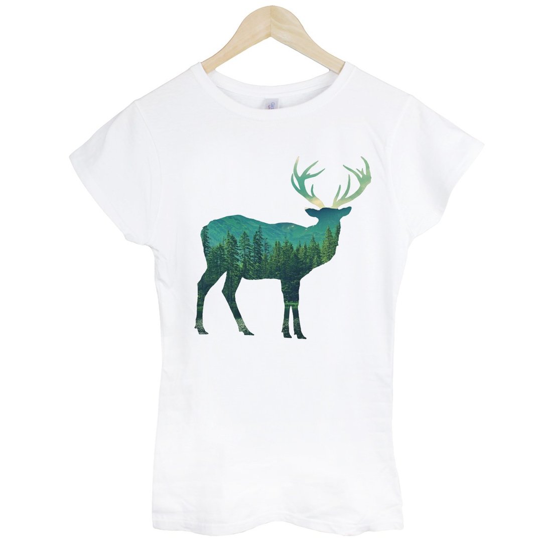 Deer-Photo女生短袖T恤-白色 鹿 相片 森林 自然 环保 角 设计 - 女装 T 恤 - 棉．麻 白色