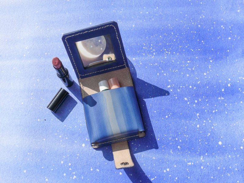 不撞植鞣革全真皮星流系列口红盒/口红包/口红收纳内含镜子 - 化妆包/杂物包 - 真皮 蓝色