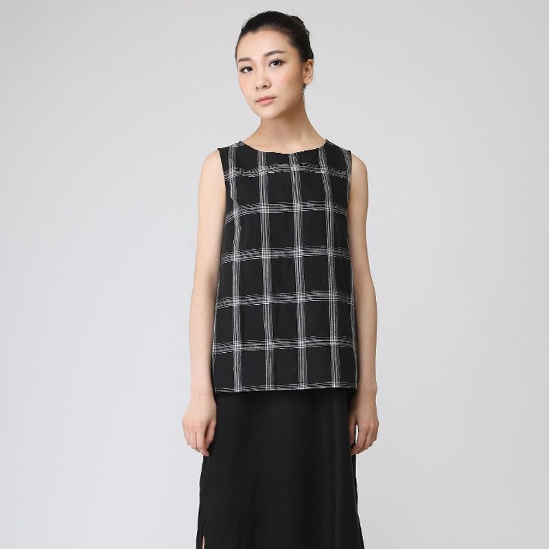 不服  民族土法梭织亚麻大格子 土布套头背心  CS150404 - 女装背心 - 棉．麻 咖啡色