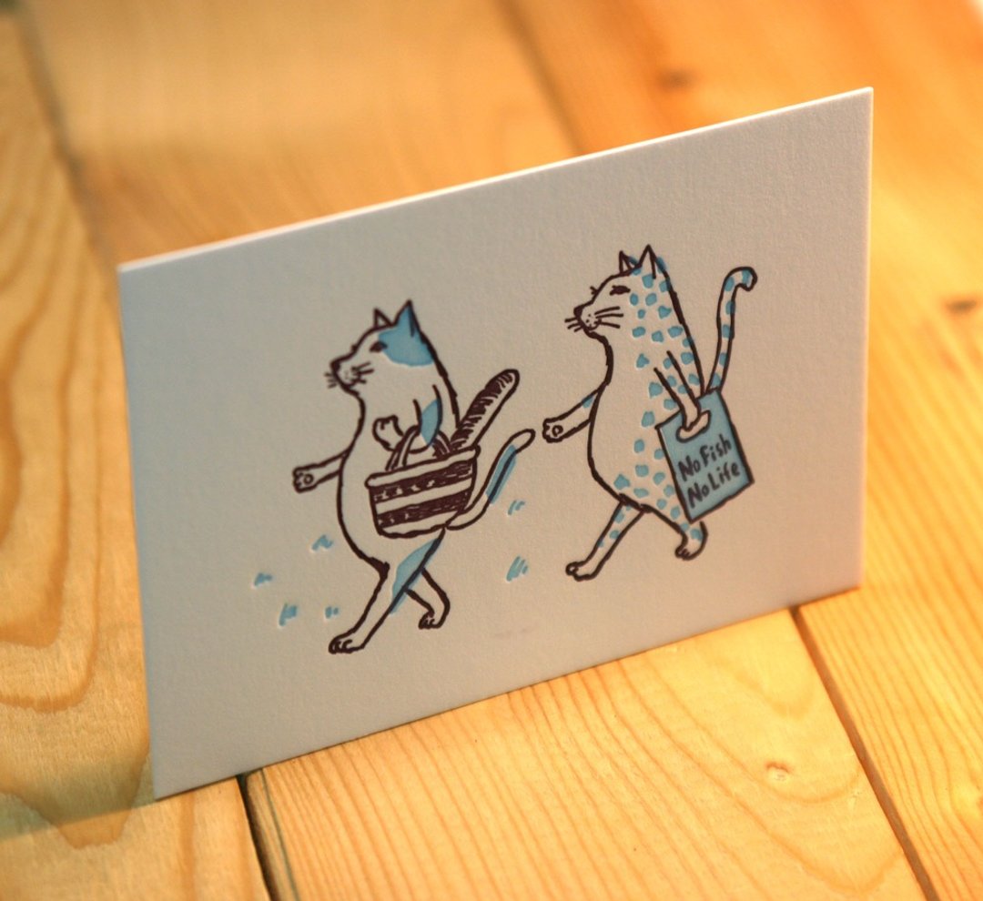 Letterpress greeting card cat shopping (Blue) 2 pieces set - 卡片/明信片 - 纸 