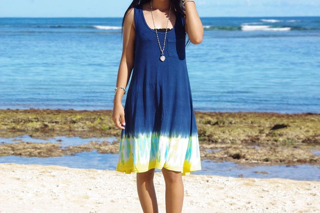 Tie Dye flare tank top dress <navy green yellow> - 洋装/连衣裙 - 其他材质 蓝色