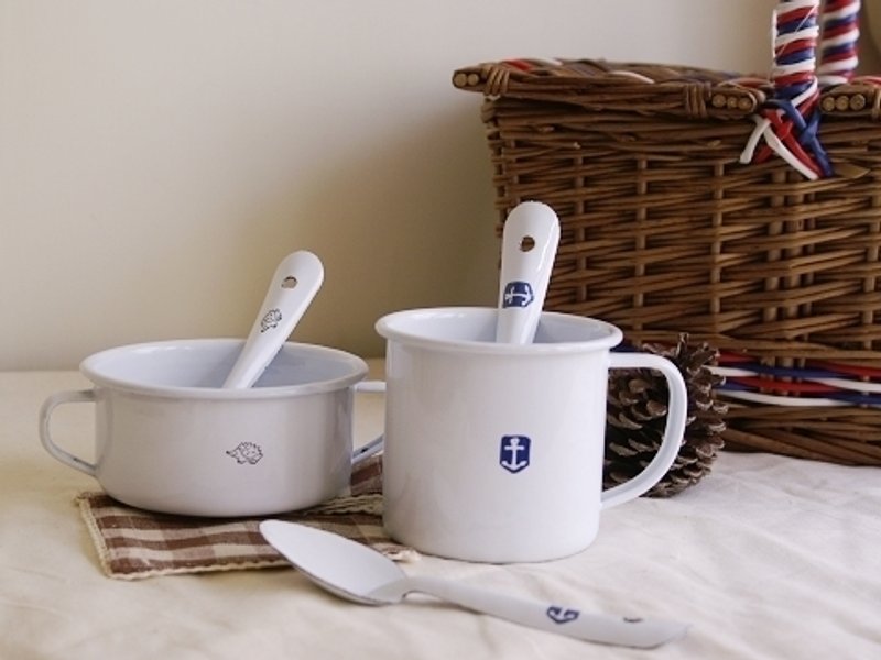 日本Homestead 船锚图案珐琅马克杯+汤匙    *给乡村风爱好者、珐琅迷的组合* - 咖啡杯/马克杯 - 其他金属 白色