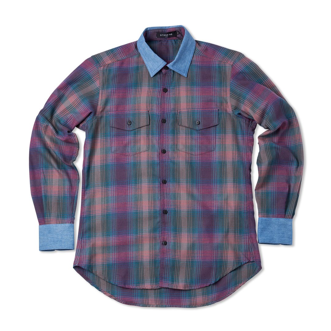 Stone'As Check Shirt / 牛仔 单宁 剪接 格子 衬衫 - 男装衬衫 - 棉 粉红色