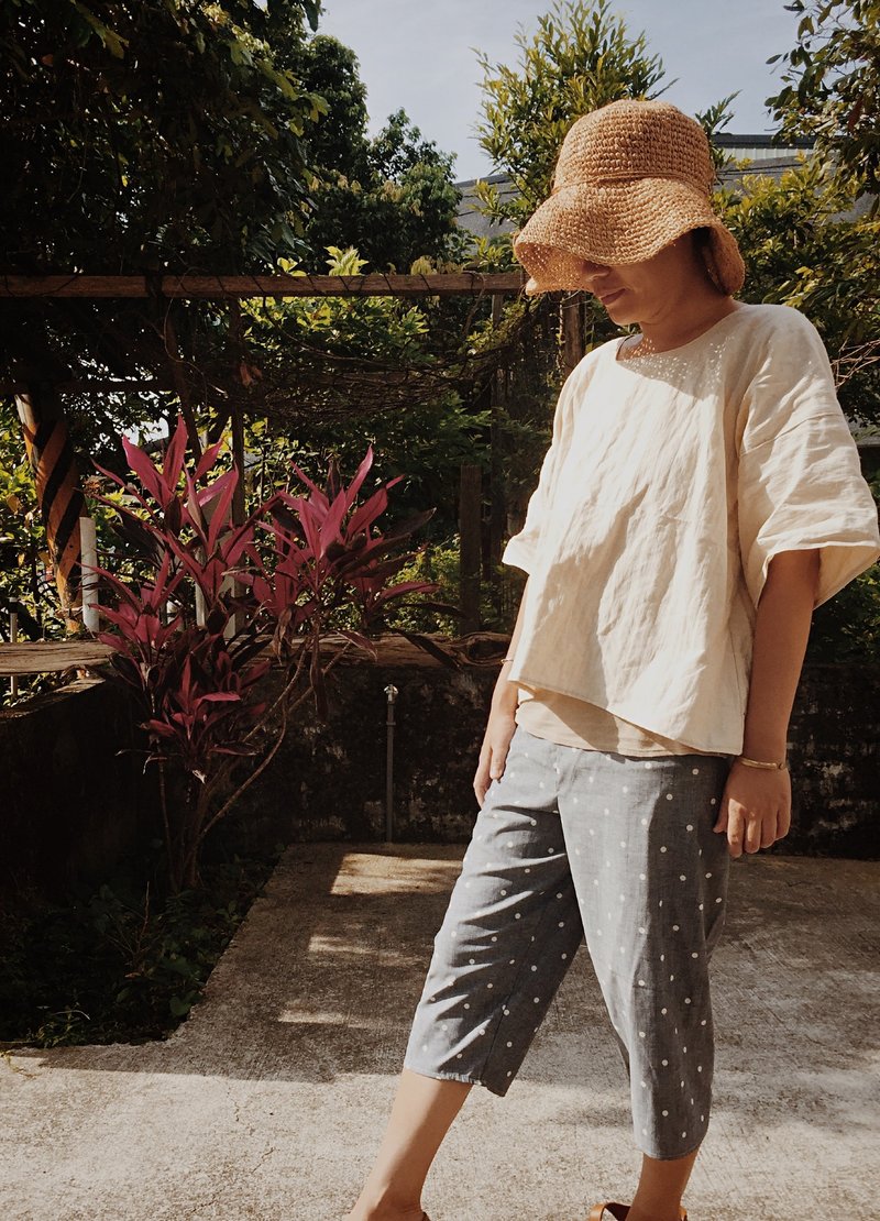 一起去郊游 天然手作服 棉麻宽版五分袖原棉色上衣 - 女装上衣 - 其他材质 橘色