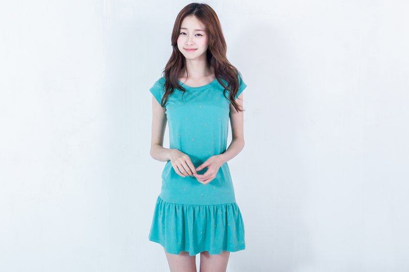 SUMI◆三原色点点满版小裙摆洋装◆4SF202_湖水蓝 - 洋装/连衣裙 - 棉．麻 蓝色