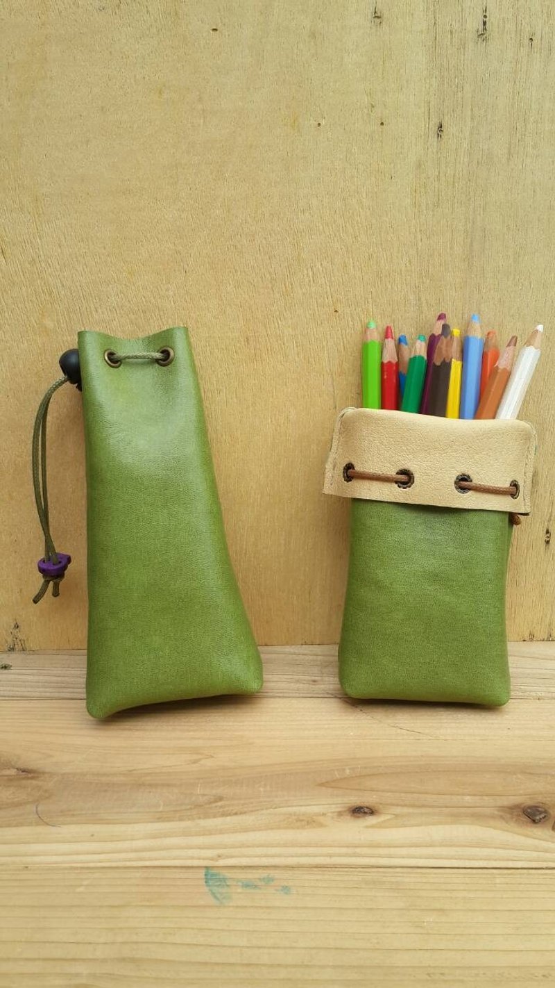 【5 - step 】  皮革笔袋(束口袋) - 铅笔盒/笔袋 - 真皮 绿色