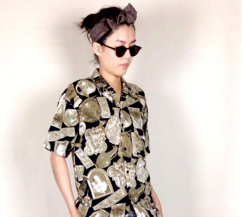 │千金难买早知道│文艺印花古着衬衫VINTAGE/MOD'S - 女装衬衫 - 其他材质 卡其色