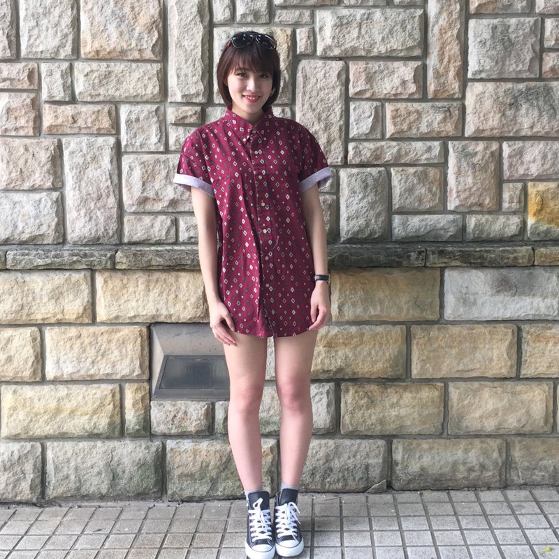 古着衬衫_/ 格菱红 / 印花 / 短袖 / 衬衫 / 男女皆可 - 男装衬衫 - 其他材质 红色