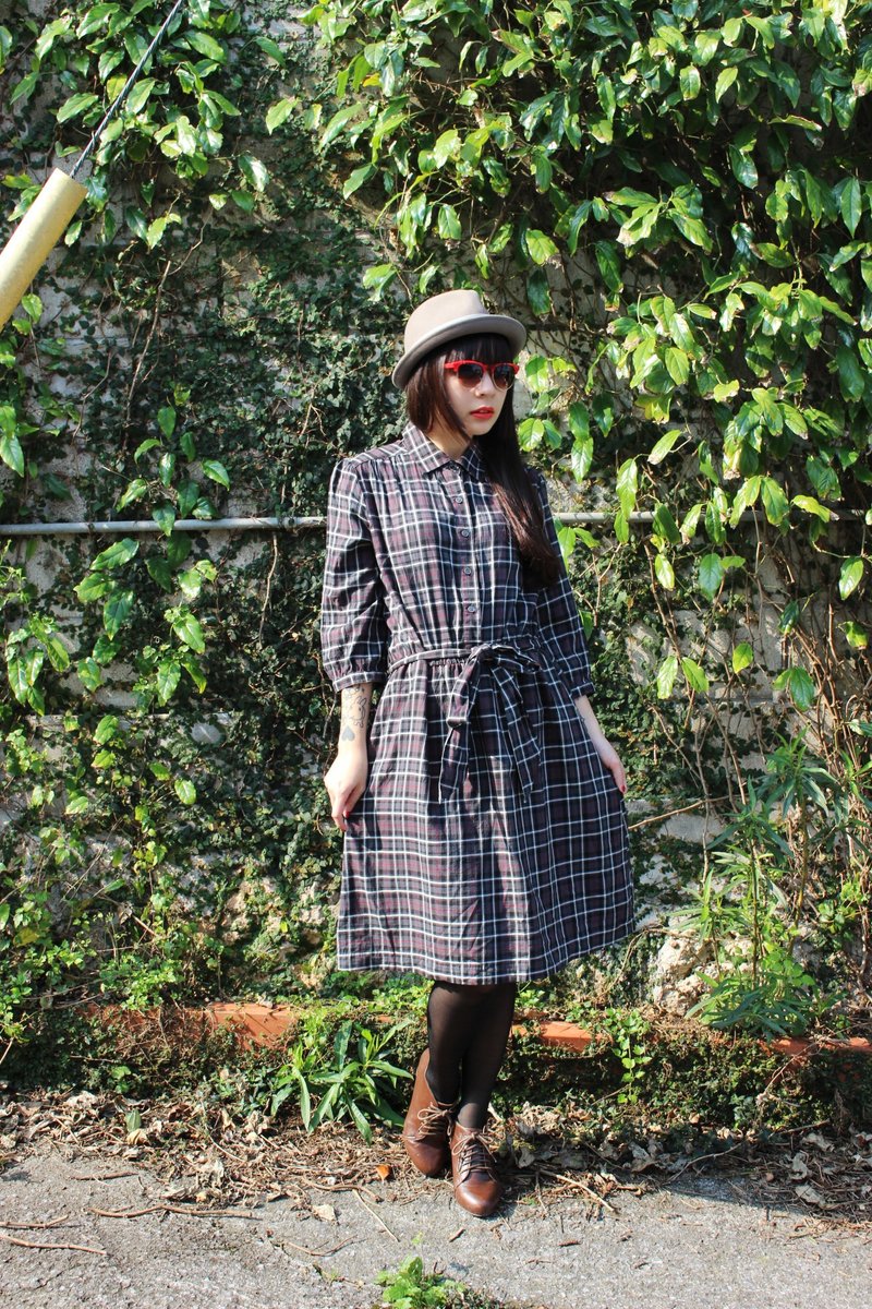 (Vintage)深灰色质感格纹附腰绑带棉质七分袖古着洋装 - 洋装/连衣裙 - 其他材质 灰色