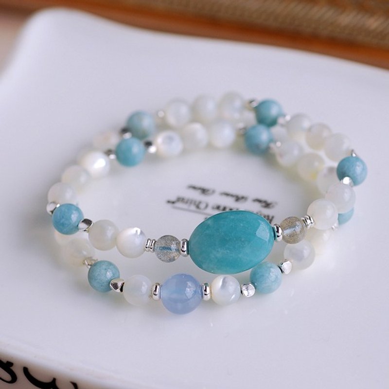 :::*CaWaiiDaisy*:::手创天然石饰品-天河石*珍珠贝*海蓝宝*蓝玉髓双圈手链 - 手链/手环 - 宝石 白色