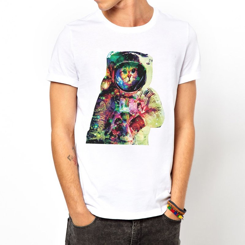 ASTRONAUT CAT短袖T恤-白色 太空猫 宇宙 平价 时尚 设计 自创 动物 银河系 时髦 圆 三角形 - 男装上衣/T 恤 - 其他材质 白色