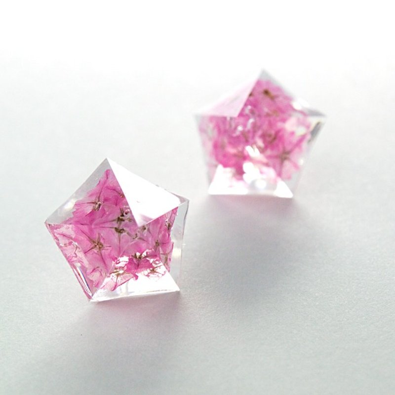 Pentagon earrings (flower-peach) - 耳环/耳夹 - 其他材质 粉红色