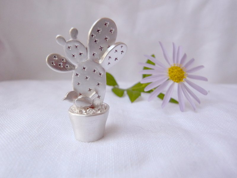 慢步--仙人掌盆栽--cactus--纯银项链坠子·坠饰(不含银链,附蜡绳) - 项链 - 银 灰色