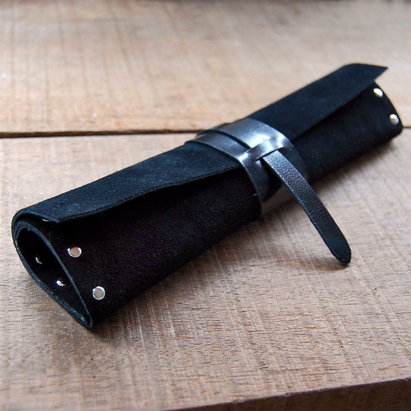 黑色牛戎皮笔卷/笔袋/工具袋 - 铅笔盒/笔袋 - 真皮 黑色