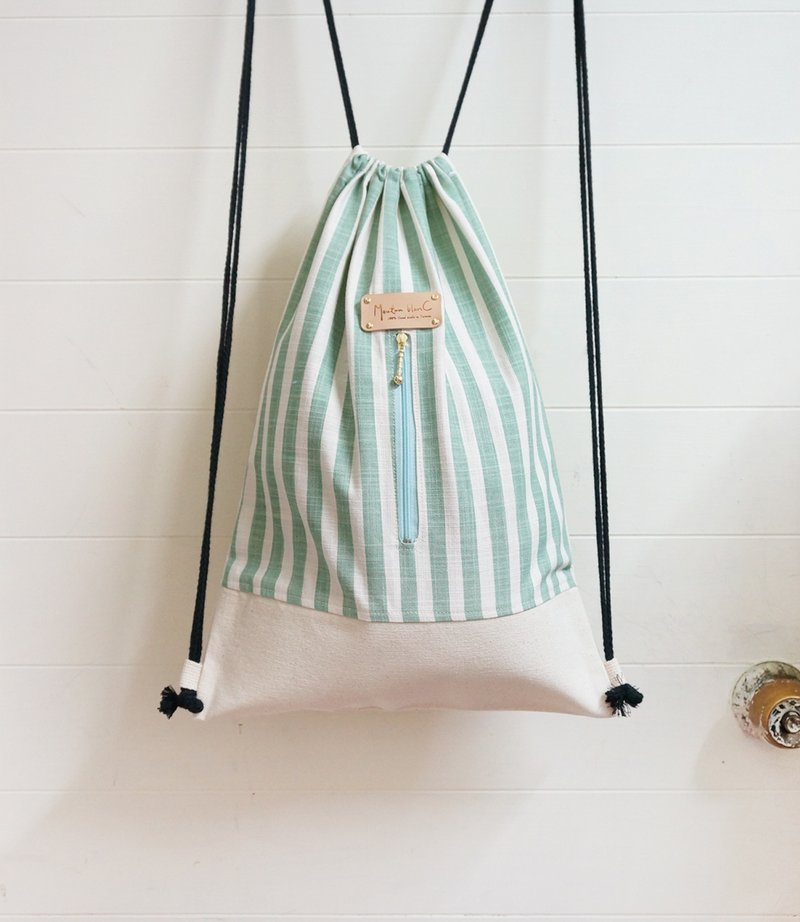 可人儿后背束口包 | 天篮拉链 | 白绿线条款 / 最后一个 - 束口袋双肩包 - 其他材质 绿色