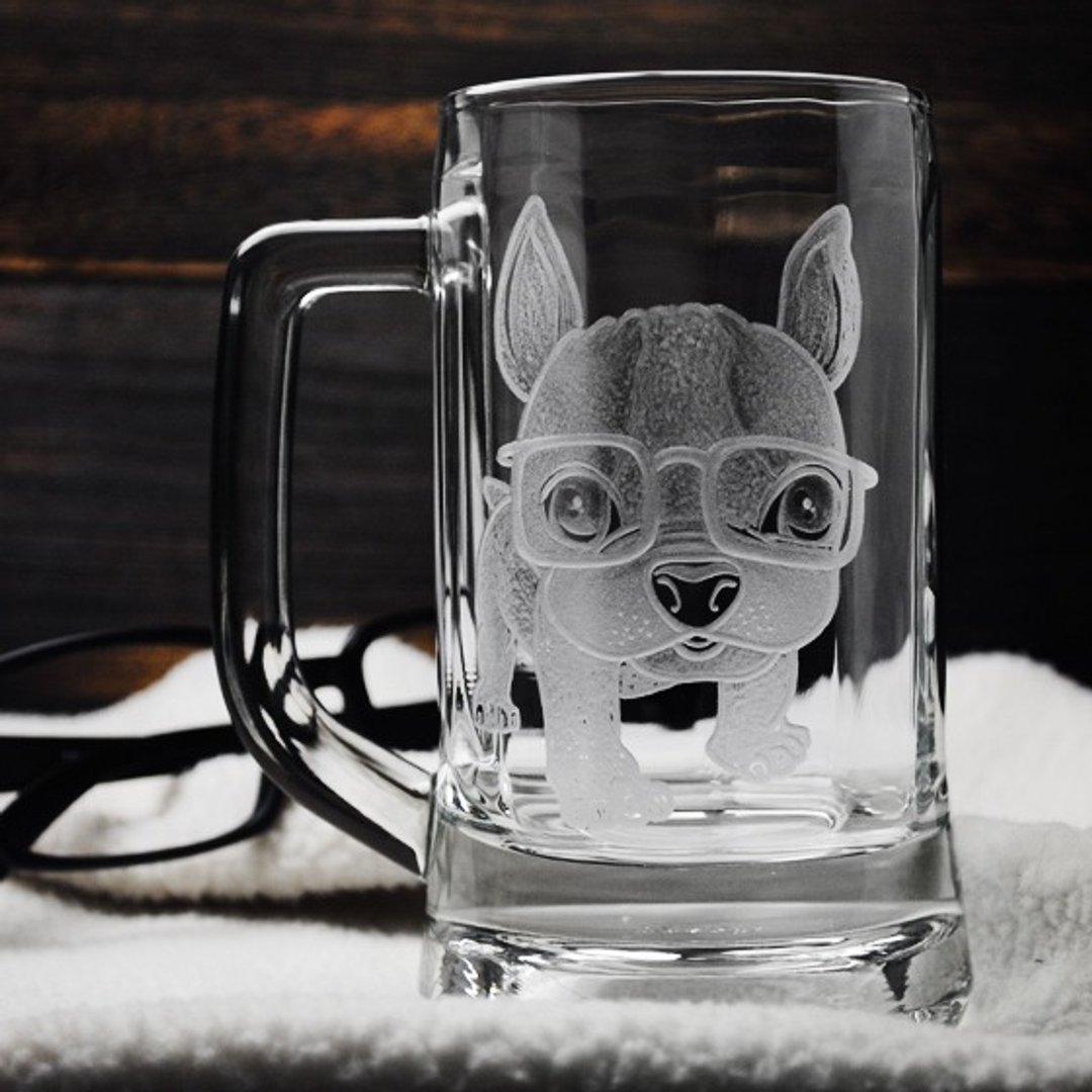 355cc【MSA GLASS ENGRAVING】法斗 小眼镜仔啤酒杯 爱狗狗 斗牛犬 FRENCH BULLDOG 定制化 - 咖啡杯/马克杯 - 玻璃 