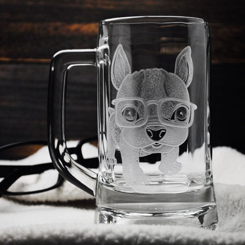 355cc【MSA GLASS ENGRAVING】法斗 小眼镜仔啤酒杯 爱狗狗 斗牛犬 FRENCH BULLDOG 定制化 - 咖啡杯/马克杯 - 玻璃 