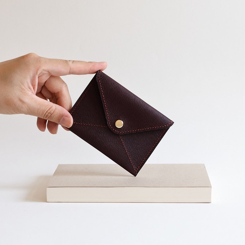 手工缝制暗酒红老信封牛皮卡夹/零钱夹/名片夹 - 零钱包 - 真皮 红色