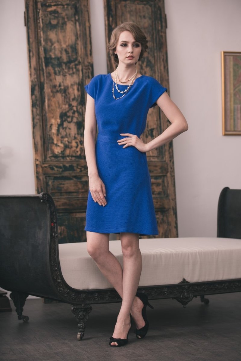 Kan's 贾桂琳连肩袖束腰洋装 (宝蓝) - 洋装/连衣裙 - 棉．麻 蓝色