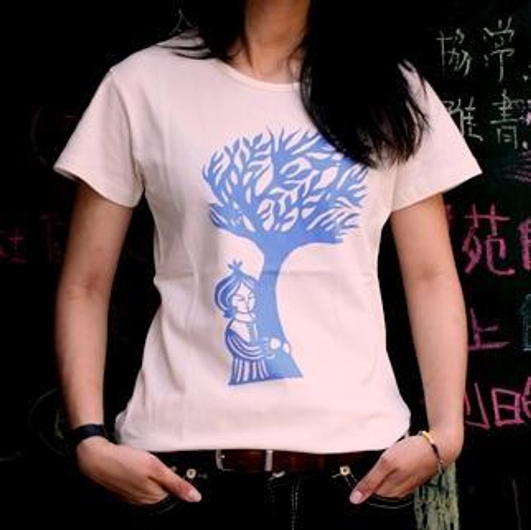 【福利品】【冶绿】有机棉 【大地剪纸】 听听 女版 短袖 - 女装 T 恤 - 棉 蓝色