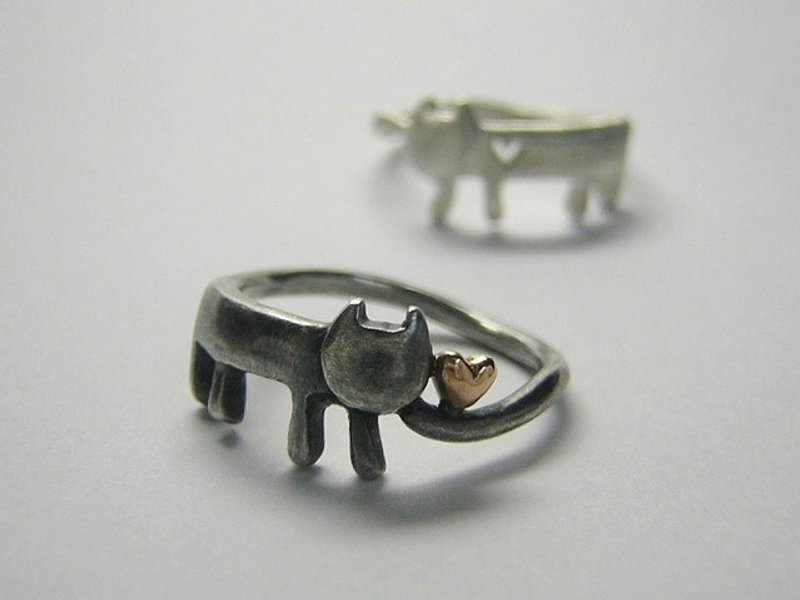 meow that found the heart ( cat heart sterling silver ring 貓 猫 心 戒指 指环 指環 刻字 銀 ) - 戒指 - 纯银 银色