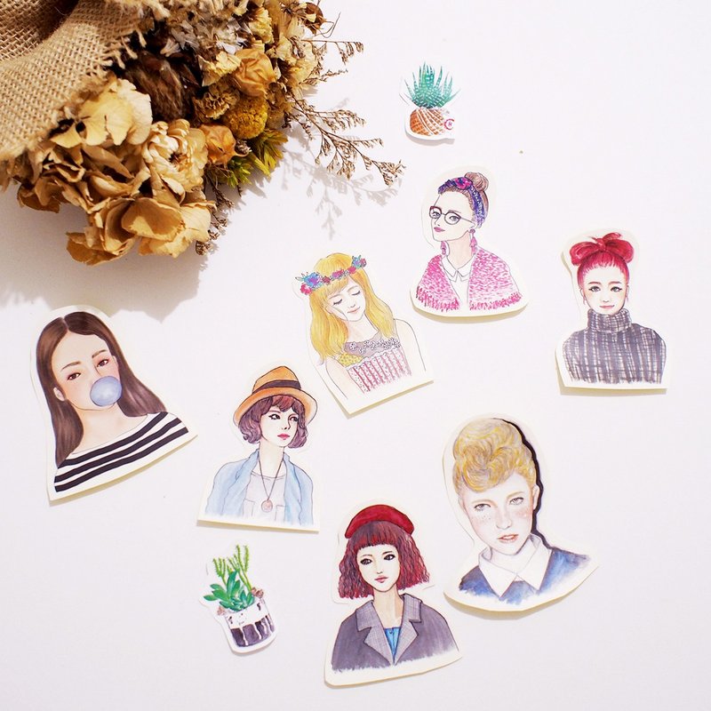 半身少女贴纸7入-赠送小盆栽贴纸2张 - 贴纸 - 纸 