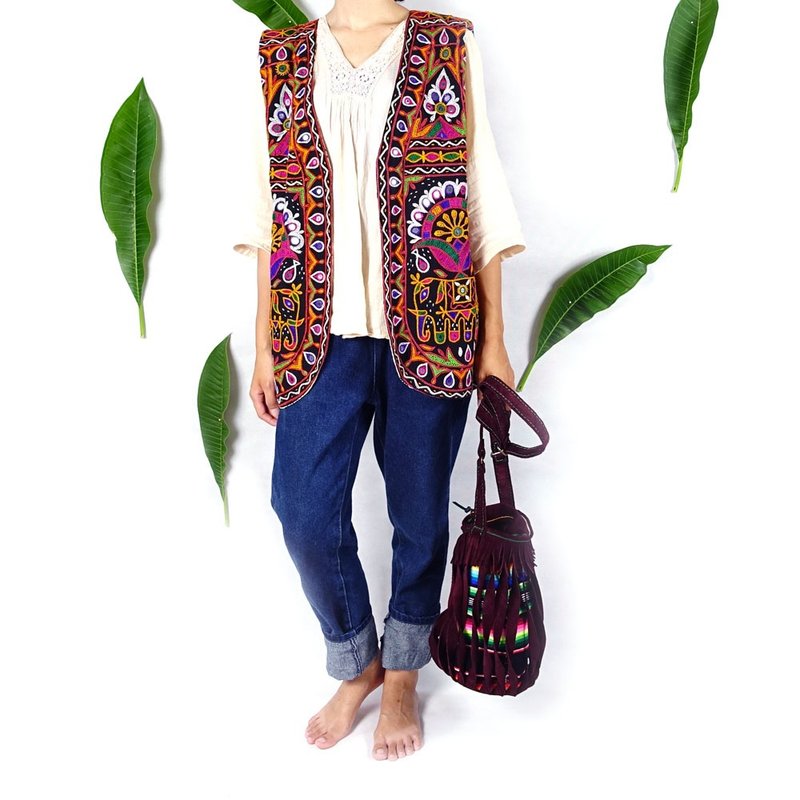 BajuTua/古着/拉贾斯坦手绣镜面骨董开襟背心(男女适穿) - 男装背心 - 棉．麻 多色