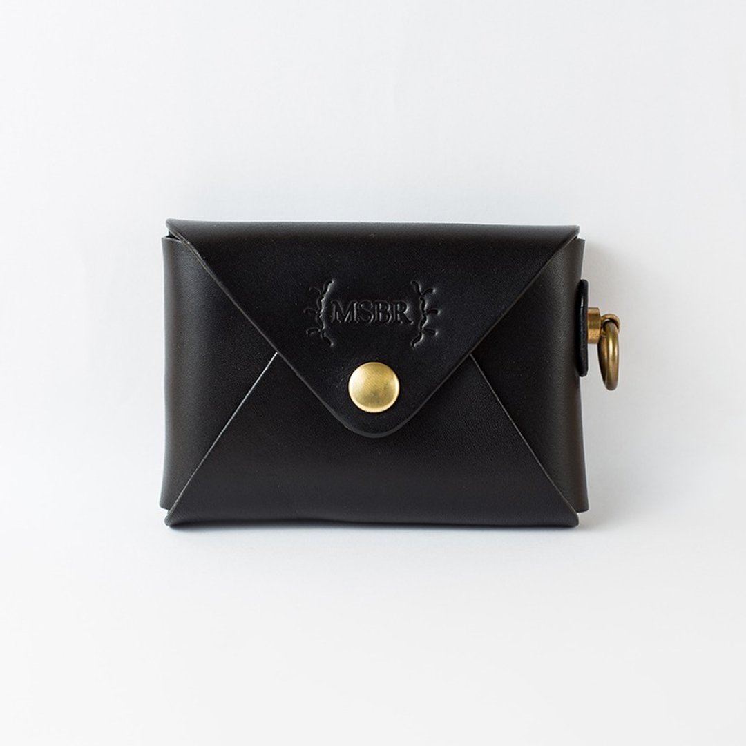 名片零钱包/钥匙包/名片夹/Card holders/名刺入れ/意大利皮革纯黄铜五金(墨黑) - 名片夹/名片盒 - 真皮 黑色