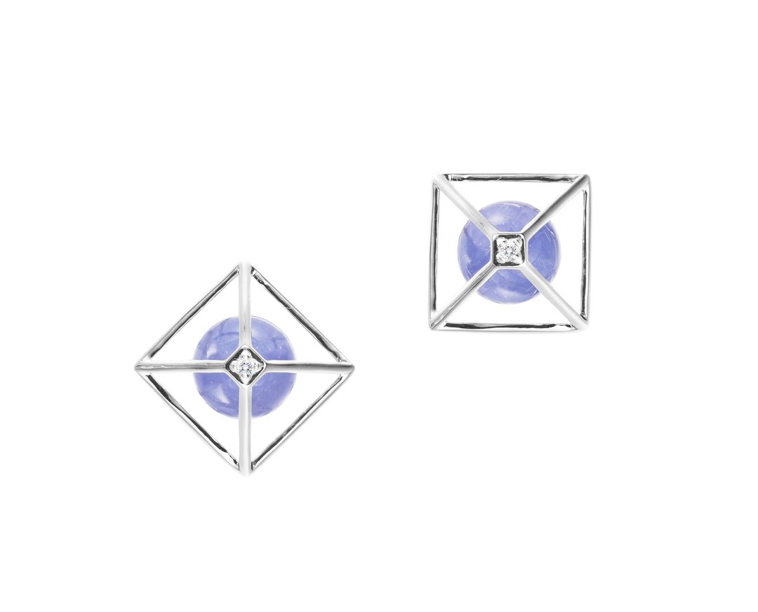 坦桑石钻石耳环 14k金金字塔耳环 简约韩风耳钉 十二月诞生石耳环 - 耳环/耳夹 - 贵金属 紫色