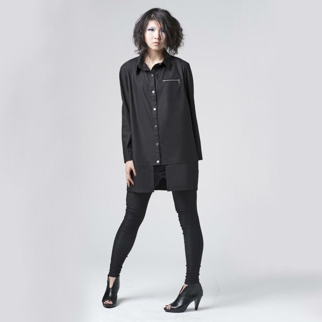 【SHIRT】拉炼口袋衬衫 - 女装衬衫 - 其他材质 黑色