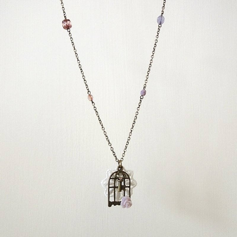 {KNL0083}森林系古铜小鸟笼长链(粉紫) - 项链 - 宝石 紫色