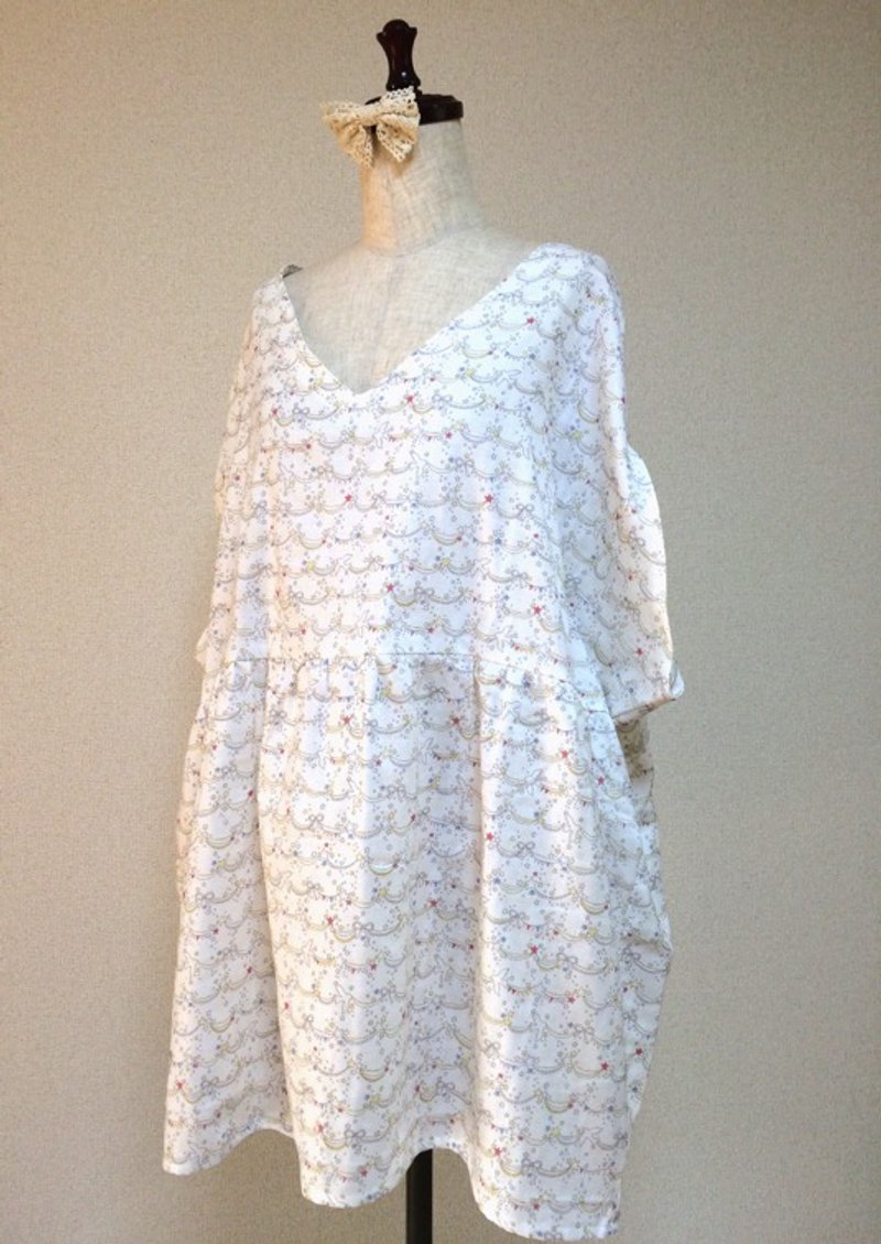 Garland pattern * double gauze tunic dress: White - 洋装/连衣裙 - 棉．麻 白色