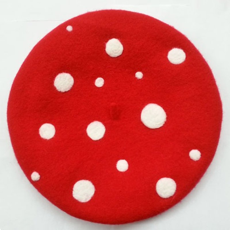 羊毛氈 蘑菇款平面款 畫家帽 貝雷帽 - 帽子 - 羊毛 红色