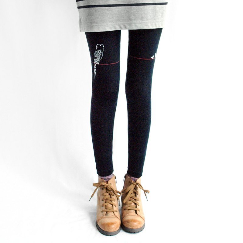 【M0300】HEY SUN独立手作品牌·红色电在线停了几只鸟弹性内搭裤/黑 - 女装长裤 - 其他材质 黑色