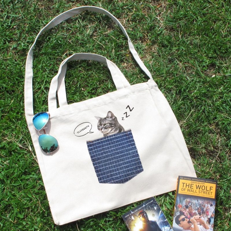 口袋宠物 喵喵打瞌睡横式帆布包 - 手拿包 - 其他材质 