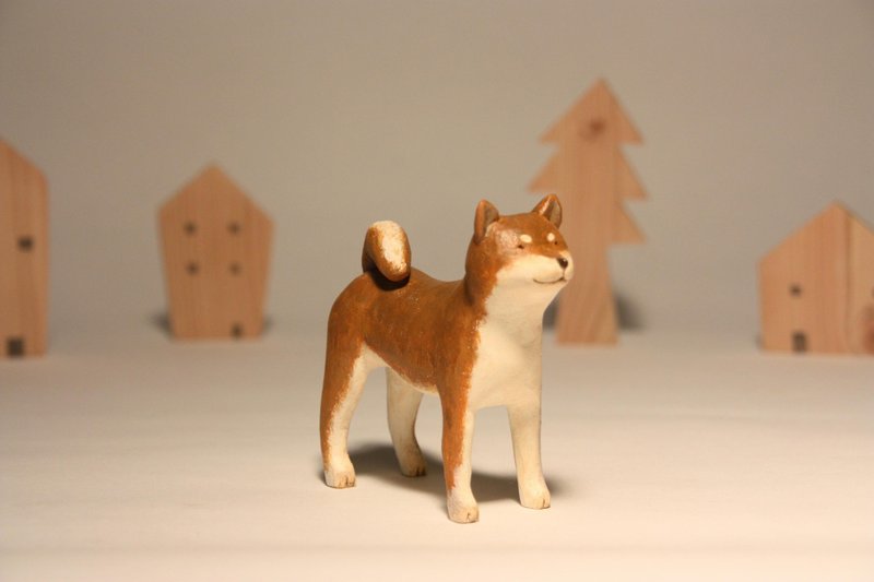 疗愈系木雕小动物_柴犬棕色 立姿 Shiba Inu (原木手工雕刻10P限定) - 摆饰 - 木头 咖啡色