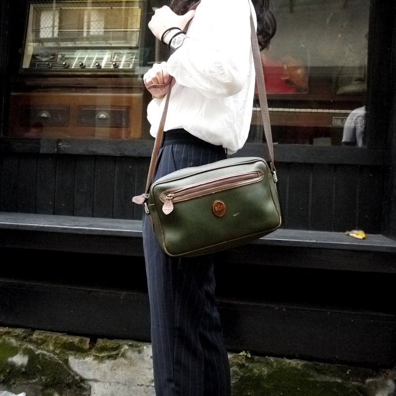 夕卡 Shika // Vintage bag 古董包 Loui Gioune  墨绿色 牛皮 PU 侧背小书包  {A1-071} - 侧背包/斜挎包 - 其他材质 绿色