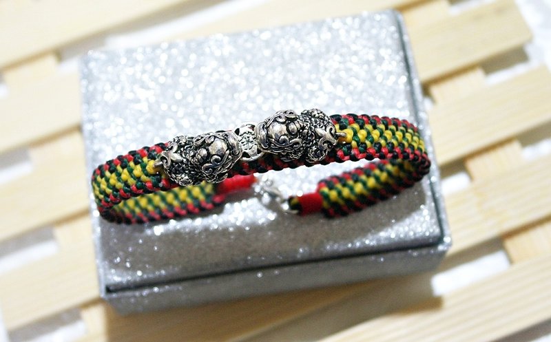 手编蚕丝蜡线X银饰_一路发发发 //可以自选颜色// #招财神兽 - 手链/手环 - 蜡 黄色