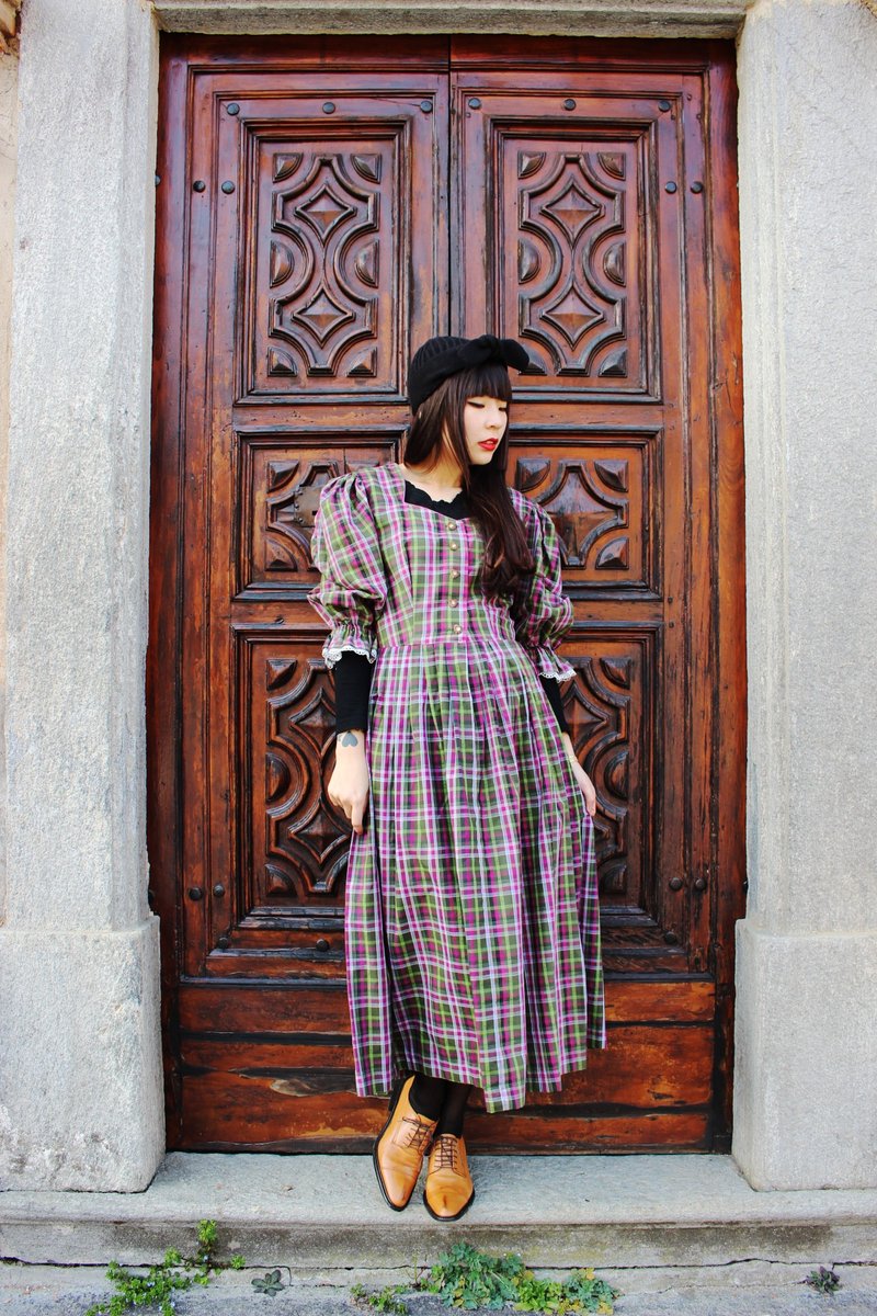 F820(Vintage)绿色桃红紫色格纹质感木扣五分袖洋装(奥地利传统Dirndl) - 洋装/连衣裙 - 其他材质 绿色