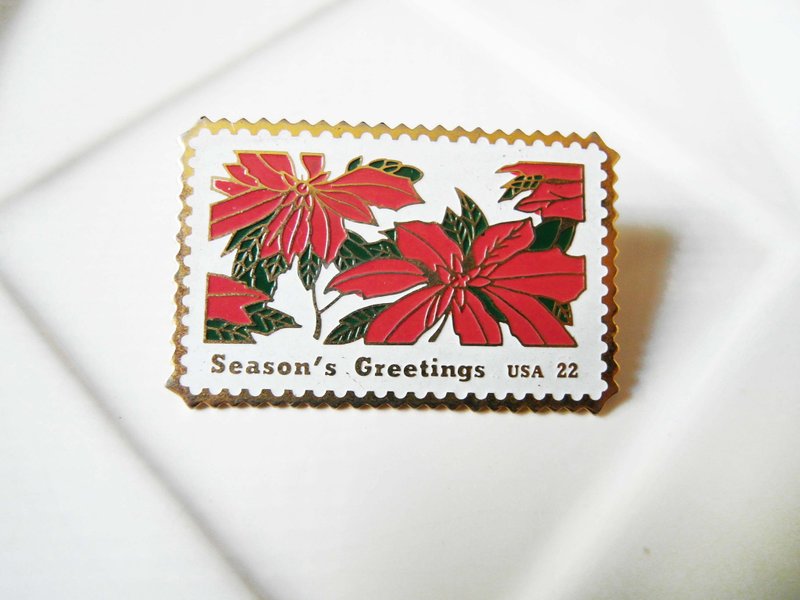 复时品【Season's Greetings USA胸针：圣诞红邮票】 - 胸针 - 其他材质 红色
