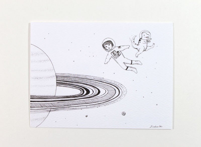 我和我的恐龙朋友。我们的土星之旅 - 卡片/明信片 - 纸 白色