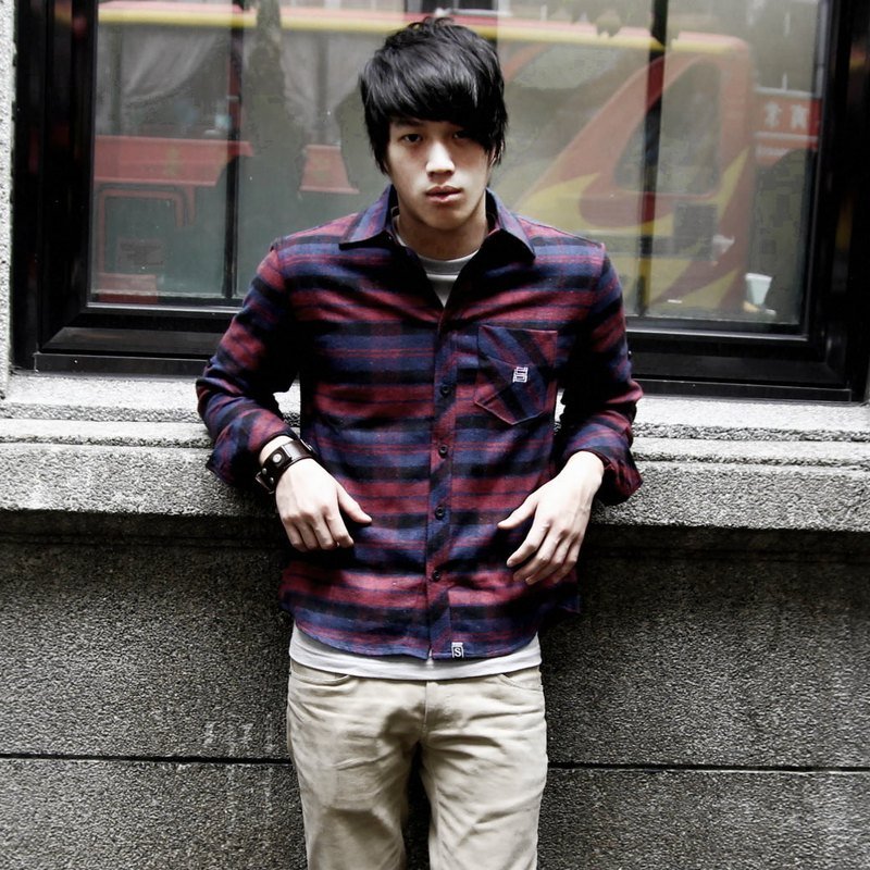 SS联名系列_信仰十字架法兰绒长袖暗红蓝紫黑格纹衬衫_合身男版 - 男装衬衫 - 棉．麻 红色