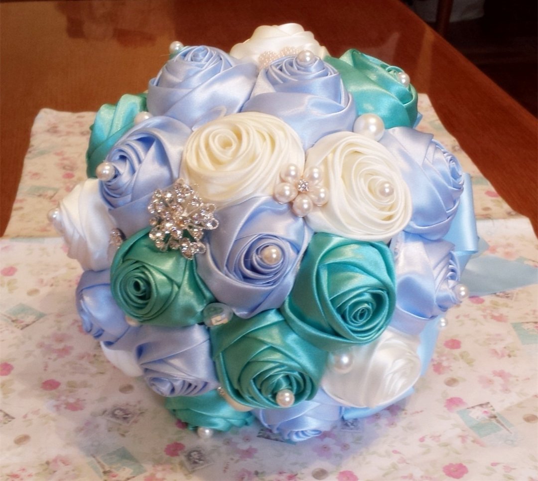 Tiffany蓝绿配色 珍珠缎带捧花 婚礼花球 新娘捧花 结婚礼物 - 其他 - 其他材质 白色
