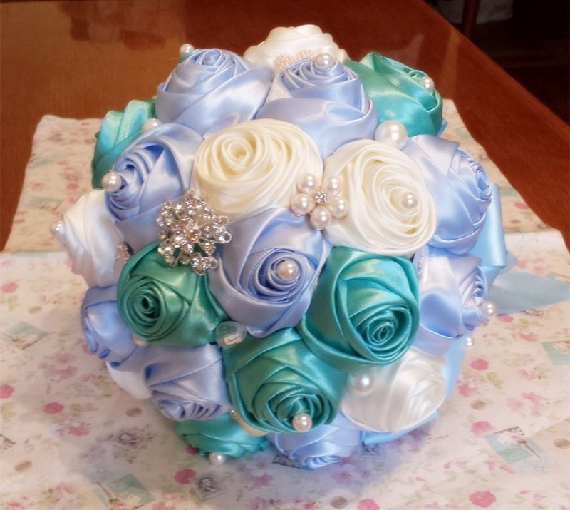 Tiffany蓝绿配色 珍珠缎带捧花 婚礼花球 新娘捧花 结婚礼物 - 其他 - 其他材质 白色