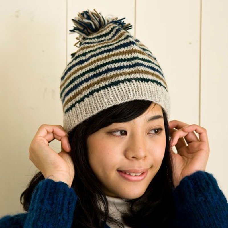 地球树fair trade-2013秋冬新品“帽子系列”-羊毛条纹球球毛帽(蓝色) - 帽子 - 其他材质 