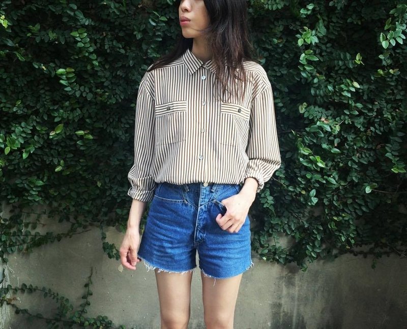 VINTAGE咖啡直条纹衬衫 - 女装衬衫 - 其他材质 卡其色