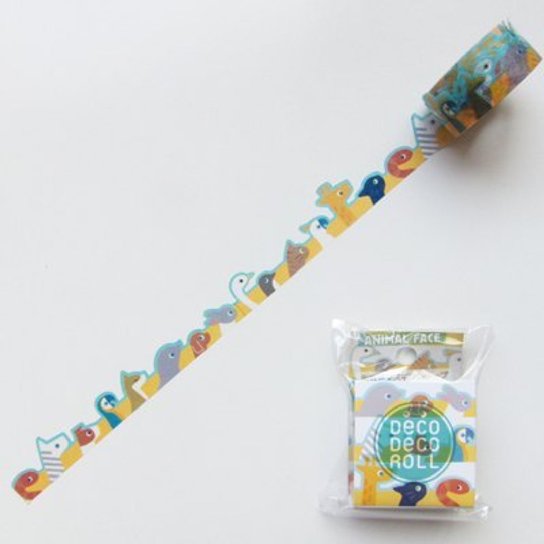 Asamidori Deco Deco Roll 去边纸胶带(AM-MK-003动物脸) - 纸胶带 - 纸 绿色