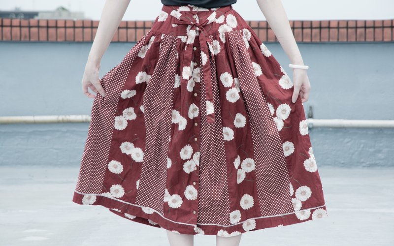 FOAK古着 枣红雏菊点点长裙 - 裙子 - 其他材质 红色