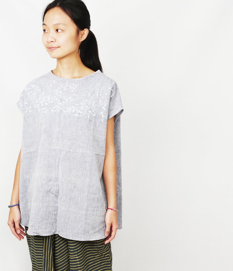 tree 手织刺绣短袖上衣＿公平贸易 - 女装上衣 - 其他材质 灰色